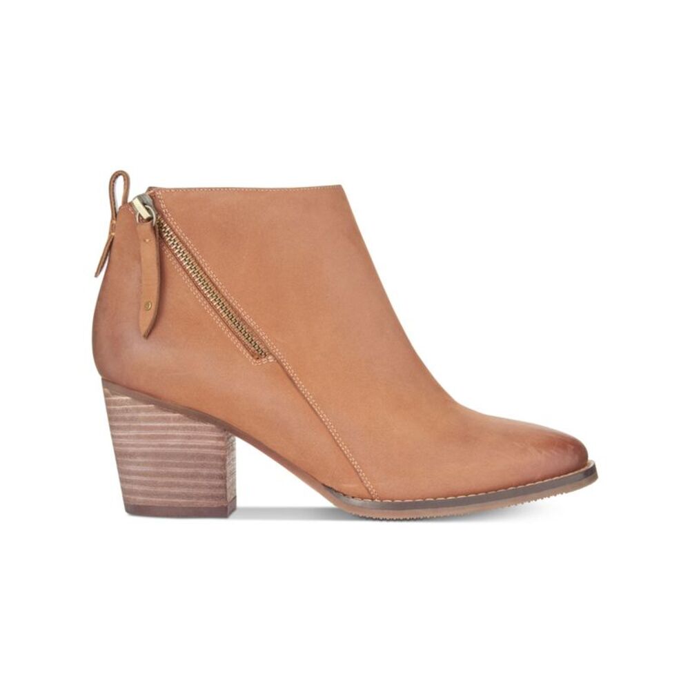 AQUA COLLEGE Womens Brown Back Pull Tab Nancy Toe Block Heel Leather Booties 9 M